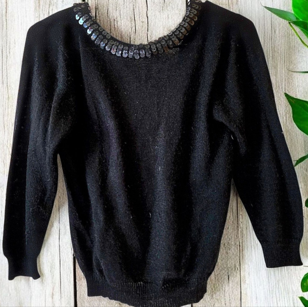 Vintage Black Sequined Sweater Back V-neck 3/4 Sleeve Fairygoth Whimsygoth Party